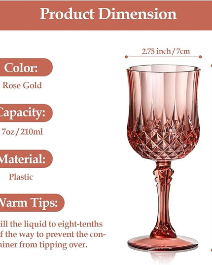 XUWAIDSGN 24 Pcs 7oz Plastic Vintage Wine Glasses Drinking Glasses Unbreakable Wedding Glassware Crystal Water Goblets Reusable Drinkware Vintage Champagne Flutes (24, Rose Gold)