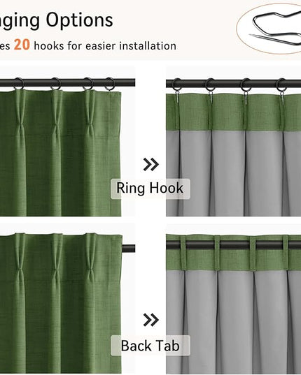 100% Blackout Shield Linen Look Textured Pinch Pleated Curtains Blackout Drapes 90 Inch Long 2 Panels Set, Faux Linen Blackout Curtains for Bedroom & Living Room, 40" W x 90" L, Moss Green