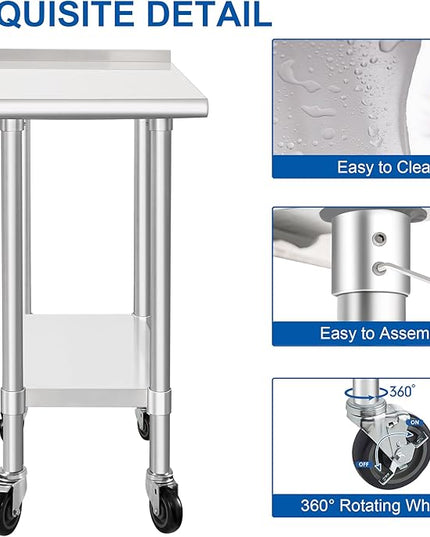 HARDURA Stainless Steel Commercial Work Table with Wheels Prep & Work Metal Table 30×18 Inches Heavy Duty NSF with Casters and 2" Backsplash