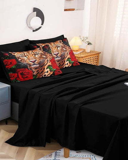Bedbay Leopard Bedding Comforter Set Queen Size Rose Floral Bedding Set Rose Flowers and Wild Cheetah Print 8 Pcs Queen Bed in a Bag Set Teen Adults Animal Comforter Set with Sheets (Leopard,Queen)