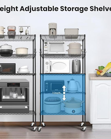 Storage Shelves 75"H Wire Shelving Unit with Wheels 1750LBS Heavy Duty Metal Shelves for Storage Adjustable 5-Tier Garage Storage Rack Kitchen Pantry Shelves Rolling Shelf on Casters, 14"D x36"W x75"H