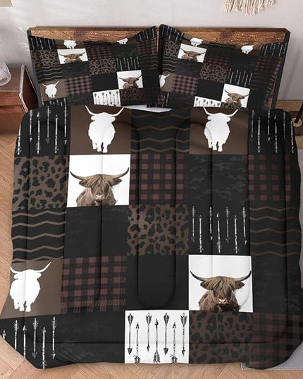 King Size Comforter Set with 2 Pillowcases, Highland Cow Animal 3 Pcs Bedding for Kids and Adults, Brown Farm Vintage Print Soft Comforter Set for Bedroom Bed Decor