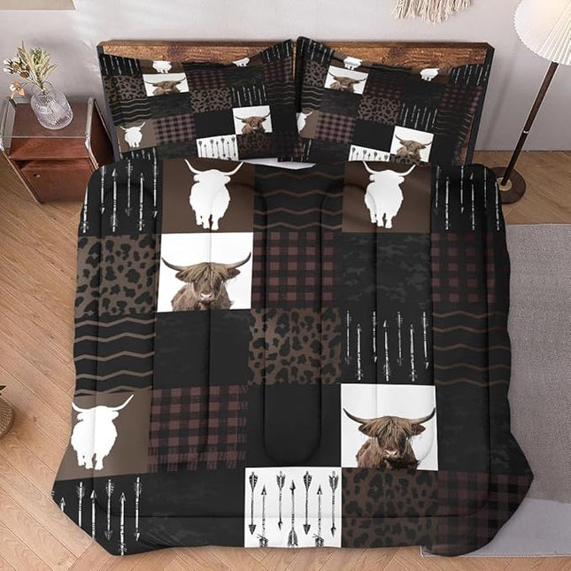 Twin Size Comforter Set with Pillowcase, Highland Cow Animal 2 Pcs Bedding for Kids and Adults, Brown Farm Vintage Print Soft Comforter Set for Bedroom Bed Decor