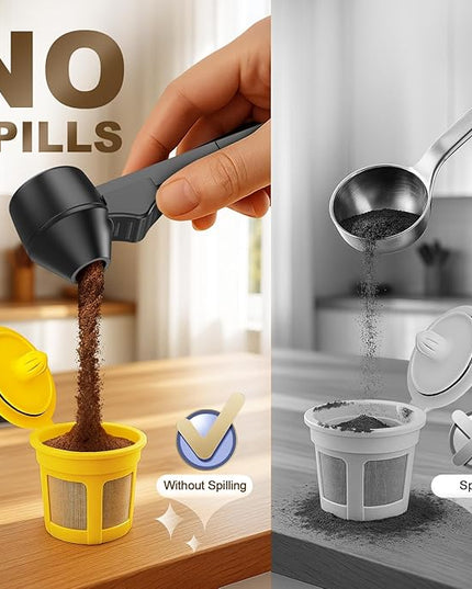 Coffee Scoop & Funnel for Reusable K Cup Refillable Coffee Pods,Mess-Free Measuring Spoon 2 TBSP Capacity for Ground Coffee, Protein Powder & Tea, Funnel Design without Spilling(1, Black)