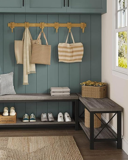 BON AUGURE Entryway Bench wiht Storage, Wood Metal Entry Way Bench, Modern Shoe Rack Benches for Bedroom Mudroom Foyer Indoor (47 inch Wide, Dark Grey Oak)