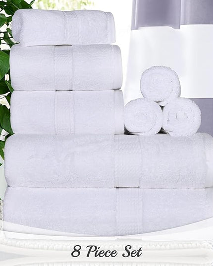 Superior Egyptian Cotton Pile 8 Piece Towel Set, Includes 2 Bath, 2 Hand, 4 Face Towels/Washcloths, Ultra Soft Luxury Towels, Thick Plush Essentials, Guest Bath, Spa, Hotel Bathroom, White