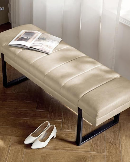 HULALA HOME 53" Faux Leather Entryway Bench, Button Tufted End of Bed Bench Ottoman for Bedroom, Living Room with Metal Base,Beige