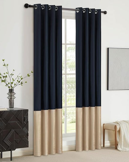 BULBUL Color Block Window Curtains Panels 90 inches Long Navy Blue Champagne Velvet Farmhouse Drapes for Bedroom Living Room Darkening Treatment with Grommet Set of 2