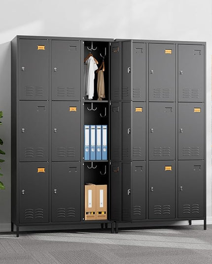 Aobabo New 9 Doors Metal Storage Locker for Employees, Lockable Steel Locker with Name Card Slot and 27 Hooks for School Office Gym Garage, Black, Assembly Required