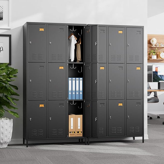 Aobabo New 9 Doors Metal Storage Locker for Employees, Lockable Steel Locker with Name Card Slot and 27 Hooks for School Office Gym Garage, Black, Assembly Required
