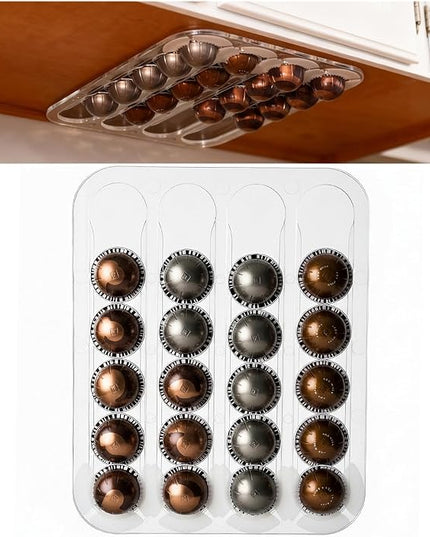 Under Cabinet Coffee Pods Organizer for Nespresso Capsules Vertuo, Holds Up to 24 Capsules in 4 Rails |Enter from One Side, Pull Out from the other|- Color Clear
