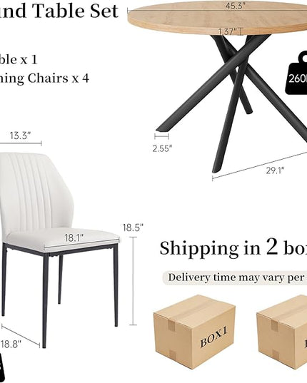 45.3 Inch Round Dining Table Set for 4, Mid Century Modern Small Kitchen Coffee Set for Dining Room Kitchen Apartment (Oak Table + 4 White Chairs)