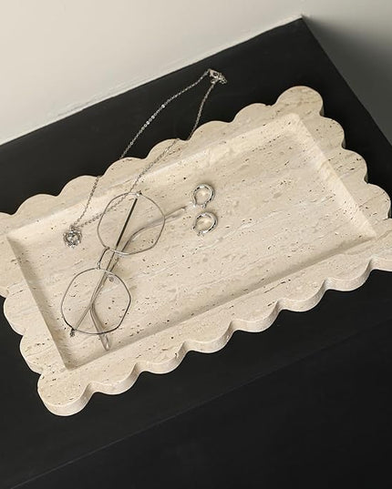 Natural 100% Marble Vanity Tray Luxury Scalloped Marble Storage Square Rectangle Tray for Home Decor Stone Tray for Bathroom/Kitchen/Candle Key (Rectangle-11.8 * 7.4-Beige Travertine)