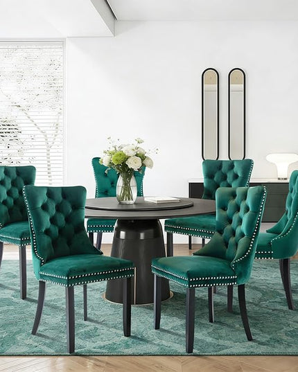 SoarFlash Velvet Dining Chairs Set of 6, Tall Back Side Chair, Modern Upholstered High-end Tufted Side Chair with Button Back Ring, Solid Wood Legs (Green)