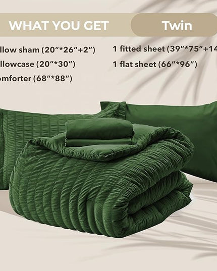 HYMOKEGE Dark Green Twin Comforter Set Seersucker 5 Pieces, All Season Luxury Bed in a Bag Queen for Bedroom, Bedding Set with Comforter, Sheets, Pillowcase & Sham