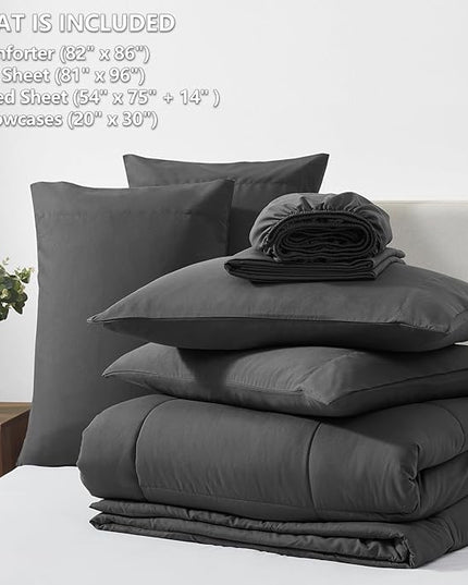 CozyLux Full Size Comforter Sets Dark Grey, 7 Pieces Bed in a Bag, Dark Grey Comforter Full Size, All Season Bedding Sets with Stitch Quilted Comforter, Flat Sheet, Fitted Sheet, Pillowcases