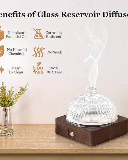Glass Essential Oil Diffuser with Glass Reservoir & WoodBase, 200ml Ultrasonic Lock Color Timer Auto-Off 7 Color Light Aroma Glass Dome Diffuser for Home Office Bedroom Yoga - Dark Brown