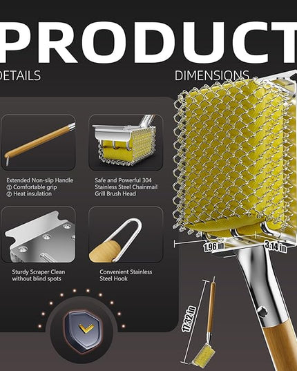 HOUSE AGAIN Grill Brush Bristle Free with Scraper, Safe Steam Cleaned Replaceable Head Fire Resistant Grill Cleaning Brush Strong Barbecue Brush Cleaner Non Wire for Outdoor Grill Grate/Wooden Handle