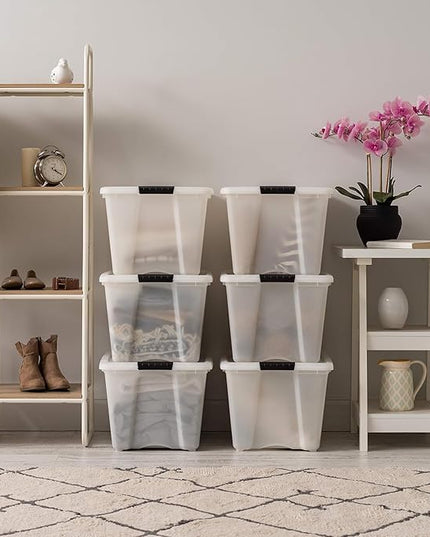 IRIS USA 54 Qt Stackable Plastic Storage Bins with Lids, 6 Pack - BPA-Free, Made in USA - Discreet Organizing Solution, Latches, Durable Nestable Containers, Secure Pull Handle - Pearl
