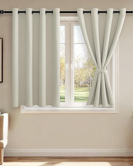 JIUZHEN Ivory Blackout Curtains with Tiebacks - Thermal Insulated, Light Blocking and Noise Reducing Grommet Curtains for Bedroom and Living Room, Set of 2 Window Curtain Panels, 52 x 45 Inch Length
