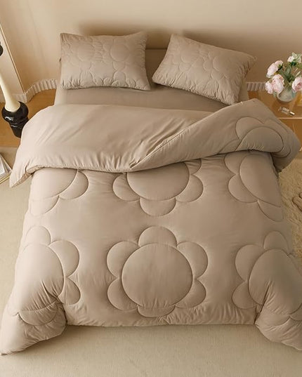 Houseri Cream Brown Floral Comforter Set Queen Dark Khaki Sunflower Fluffy Quilted Comforters Queen Size Taupe Russet Brown Bedding Sets Ultra Comfy