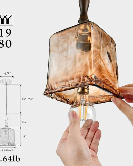 Modern Amber Glass Pendant Light, 5.25"x11.7" Elongated Hanging Fixture with Wood Grip & Brass Accent, 15"-72" Adjustable Line, E26 Socket – Golden Amber Rectangular
