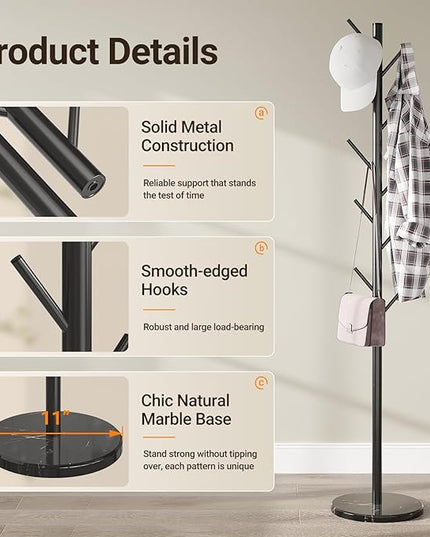 ELYKEN Coat Rack Freestanding with Natural Marble Base, Metal Coat Rack Stand with 10 Hooks, 3 Adjustable Size Coat Tree for Bags, Clothes, and Hats for Entryway, Bedroom, Hallway, Office, Black
