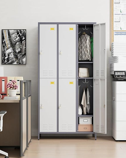 Aobabo Upgraded Metal Storage Locker for Employees, 6 Doors Metal Locker Cabinet with Lock and Name Card Slot, Industrial Storage with 18 Hooks, for Office Gym, Assembly Required,Grey White