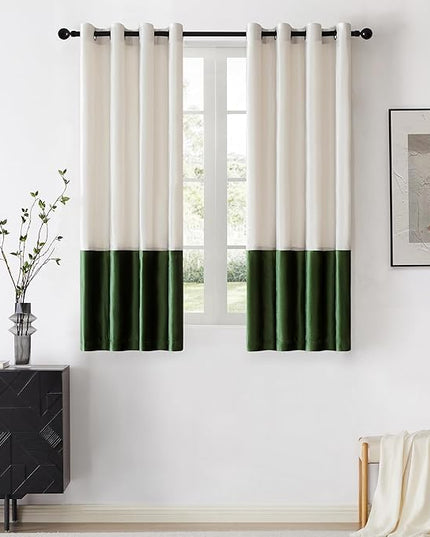 BULBUL Color Block Window Curtains Panels 63 inches Long Cream Ivory Green Velvet Farmhouse Drapes for Bedroom Living Room Darkening Treatment with Grommet Set of 2