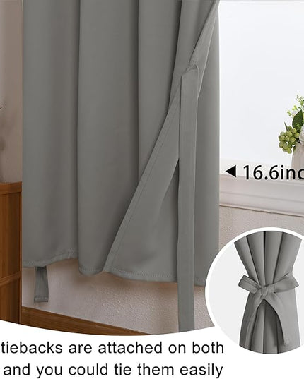JIUZHEN Short Curtains Kitchen Half Window Blackout Curtains with Tiebacks for Baseroom Shadows, Grommet Curtains for Living Room, Set of 2 Window Curtain Panels, 42 x 30 Inch Length，Light Grey