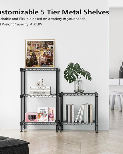 450 lbs Storage Shelves 5 Tier Shelving Units for Storage, Steel Organizer Wire Rack, Adjustable Height, Wire Shelving Unit for Bathroom Kitchen Closet, Black 11.8" D x 21.7" W x 58.3" H