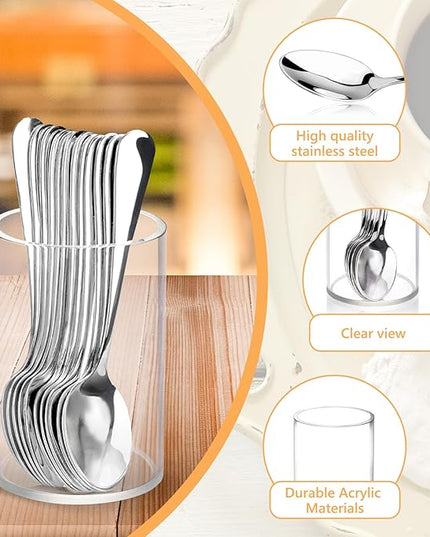 12 Pcs Mini Coffee Spoons with Holder 4.7 inch Demitasse Espresso Stainless Steel Spoon Tea Spoons set of 6 with Acrylic Cylinder Holder Small Coffee Spoon Silver for Cafe Bar Tea Party Home