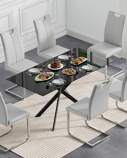 7 Piece Glass Dining Table Set, Glass Kitchen Dining Room Table Set for 6, Modern 51" Rectangular Black Glass Metal Dining Table with 6 Grey Leather Dining Chairs for Kitchen Dining Room