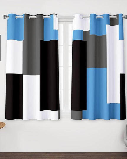 Light Blue 100% Blackout Curtains for Bedroom 45 inch Length 2 Panels Set Grey Modern Abstract Geometric Black Out Curtains Insulated Room Darkening Window Drapes for Living Room, 52Wx45L