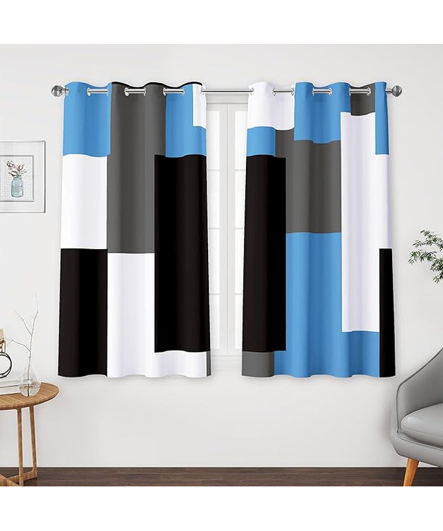 Light Blue 100% Blackout Curtains for Bedroom 45 inch Length 2 Panels Set Grey Modern Abstract Geometric Black Out Curtains Insulated Room Darkening Window Drapes for Living Room, 52Wx45L