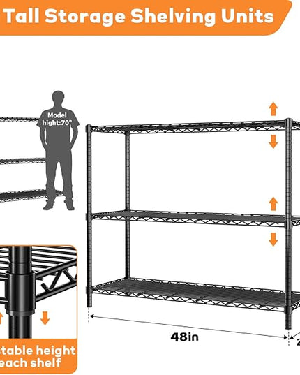 Storage Shelves Heavy Duty, 48" W x 20" D x 47" H Garage Wire Shelving Unit Loads 1200LBS, 3-Tier Adjustable Metal Industrial Utility Shelf Rack for Kitchen, Laundry Room, Pantry, Warehouse, Basement