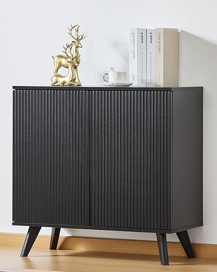 Modern Sideboard Buffet Cabinet Console Table, Accent Storage Cabinet with Fluted Doors for Kitchen Dining Living Room Entryway (Black)