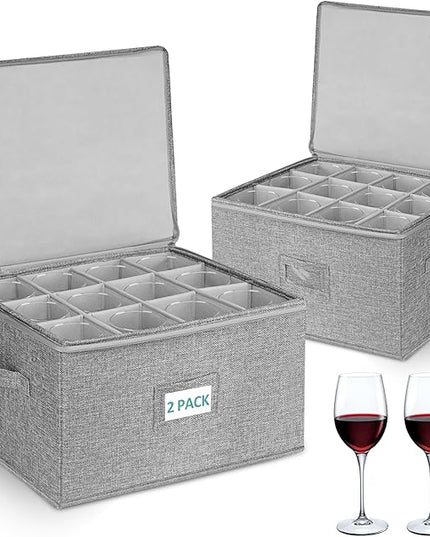 Cirhy Wine Glass Storage Box, Stackable Rigid-Shell Glassware Storage Containers with Dividers & Handles, Holds 24 Crystal Glasses, 2-Pack Protective Stemware Organizer for Moving, Kitchen Storage