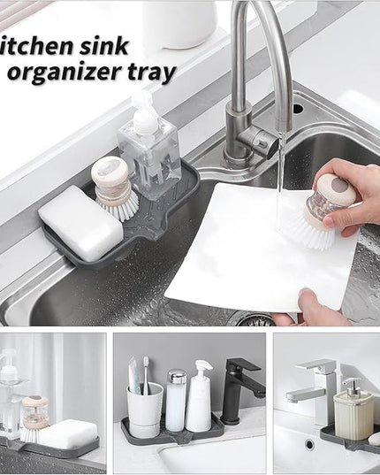 Silicone Bathroom Soap Dishes with Drain Spout-Bathroom and Kitchen Sink Organizer,Sponge Holder,Dish Soap Tray,Perfect for Dispenser,Scrubber,Bottle,Cup on Sink or Counter-Grey 9.6"×5.3"