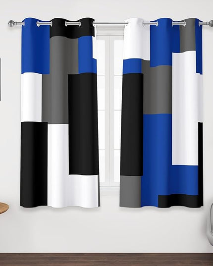 Blue Gray 100% Blackout Curtains 45 inch Length 2 Panels Set White Grey Modern Abstract Geometric Drapes for Kitchen Black Out Curtains Insulated Room Darkening Small Window Curtains, 42Wx45L