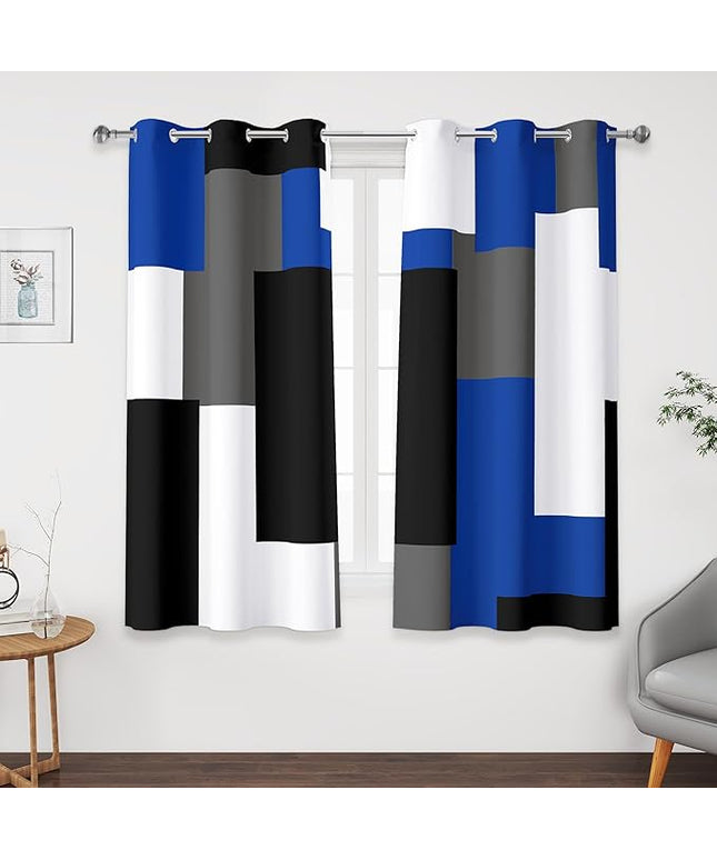 Blue Gray 100% Blackout Curtains 45 inch Length 2 Panels Set White Grey Modern Abstract Geometric Drapes for Kitchen Black Out Curtains Insulated Room Darkening Small Window Curtains, 42Wx45L