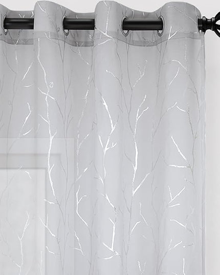 BUHUA Tree Branch Silver Sheer Curtains for Living Room - Metallic Tree Pattern Grey Curtains 63 Inch Length for Bedroom, Rod Pocket, 52 x 63 Inch, 2 Panels, Gray