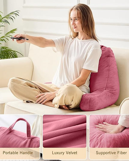 Sasttie Reading Pillow, Velvet Back Pillow for Bed Sitting Up, Adult Back-Rest Support Cushion with Arms for Sit Up on Couch, Sofa, and Floor, Dorm Essentials, Reading Accessories, Rose Pink