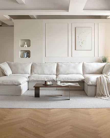 JACH U-Shaped Couches for Living Room, Convertible Sectional Sofa, 162" Modern Deep Seat Soft Cloud Couch, Modular Sectional Sofas with Ottomans, Sofa Cover Removable(Beige)