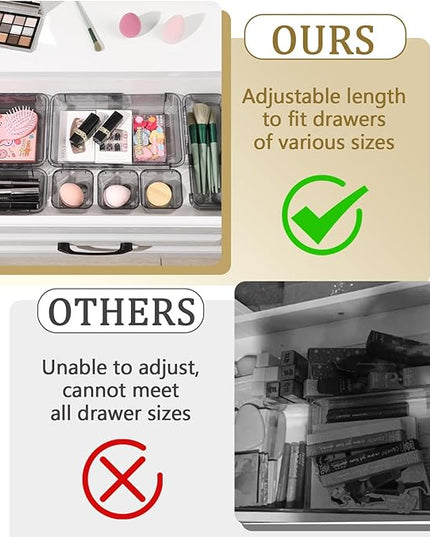 14 Pcs Adjustable Clear Drawer Organizer, Extendable Vanity Storage Bins, Desk Drawer Organizer Set for Makeup, Cosmetics, Bedroom, and Gadgets, Black