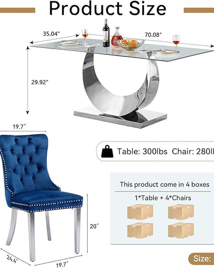 5 Piece Dining Table Set, Modern Glass Dining Table Set for 4, 70" Luxury Glass Table w/Silver Stainless Steel Base & 4 Blue Tufted Chairs, Kitchen Dining Room Sets for 4 for Breakfast Dinner Dinette