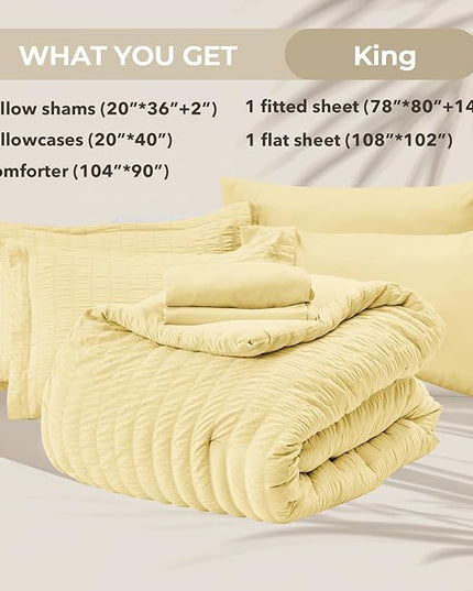 HYMOKEGE Yellow King Size Comforter Set Seersucker 7 Pieces, All Season Luxury Bed in a Bag for Bedroom, Bedding Set with Comforter, Sheets, Pillowcases & Shams