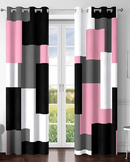 Pink 100% Blackout Curtains for Bedroom 96 inch Length 2 Panels Set White Grey Modern Abstract Geometric Black Out Curtains Insulated Room Darkening Window Drapes for Girls Living Room, 52Wx96L