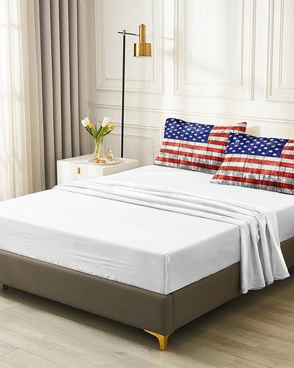 Merryword 8 Pcs Bed in a Bag USA Flag Comforter Set Full Size American Flag Bedding Set Wooden Planks Bedding Comforter Set