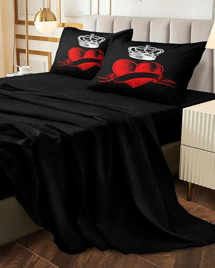 Merryword 8 Pcs Bed in a Bag Love Heart Comforter Set Full Size Prince Princess Bedding Set Crown Pattern Romantic Valentine's Day Comforter Set